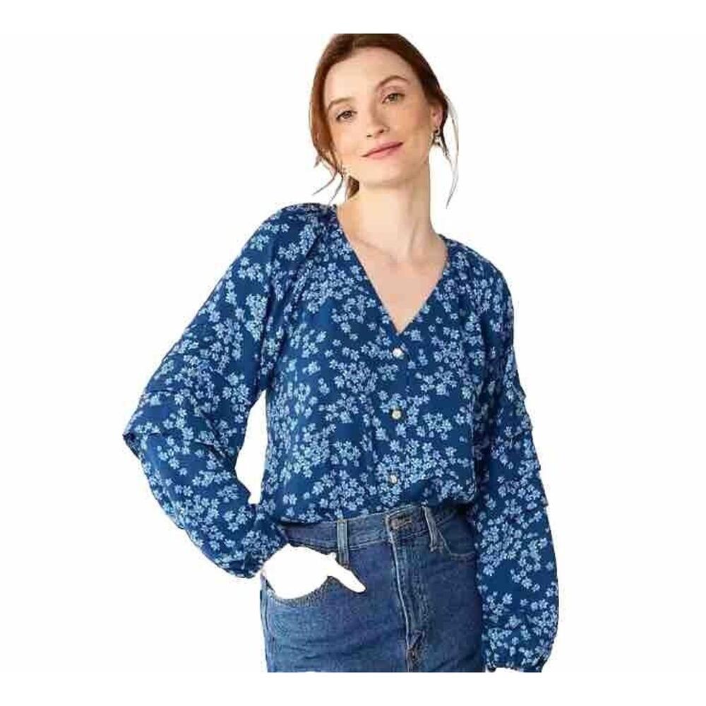 Draper James RSVP Long Sleeve Bodysuit Blouse Blue Floral Size 1X V-neck f4